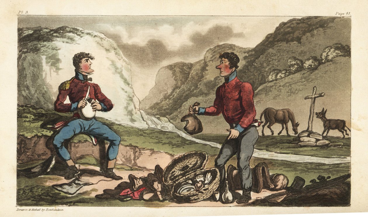Ensign Johnny Newcome and His Subaltern Eating Breakfast of Ham, Beef, Biscuit and Brandy on a Roadside in Portugal by Thomas Rowlandson
