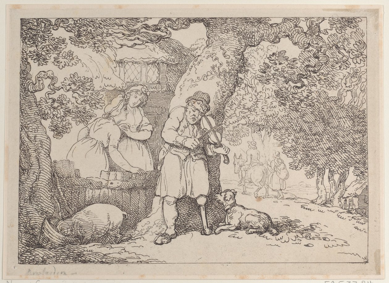 Fiddler, Sailor, Two Women and a Pig by a Cottage, 1816 by Thomas Rowlandson