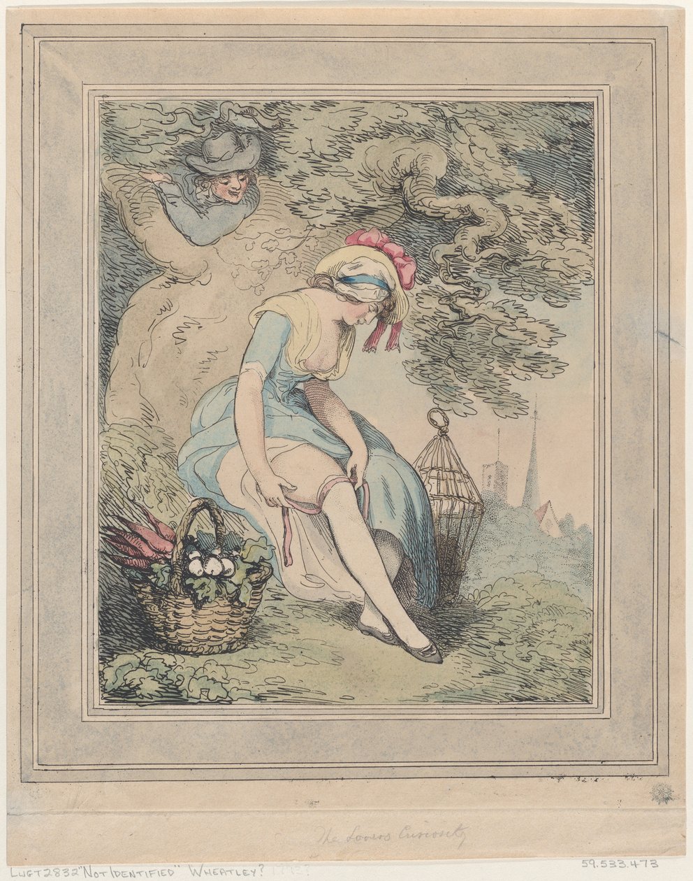 Girl with a Basket and Birdcage Adjusting Her Garter by Thomas Rowlandson