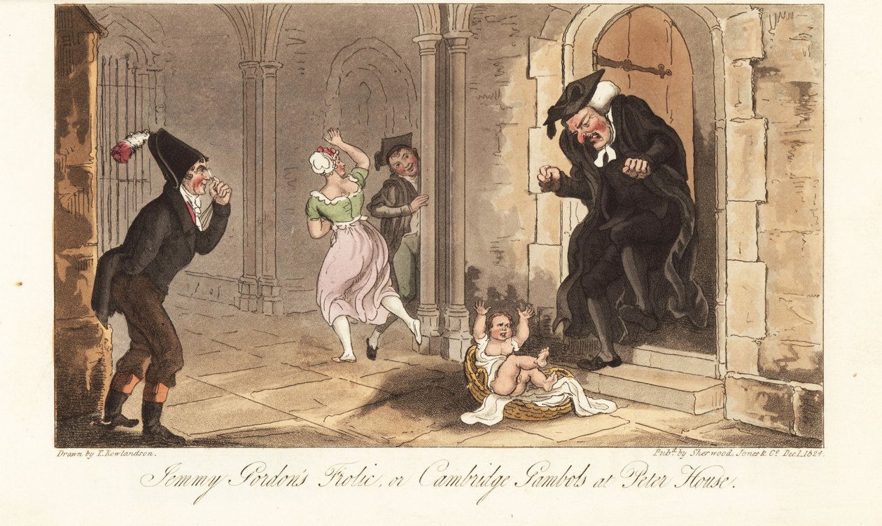 James Gordon, a notorious Cambridge drunk, leaving a baby as a prank in front of the house of a college dean. Jemmy Gordon
