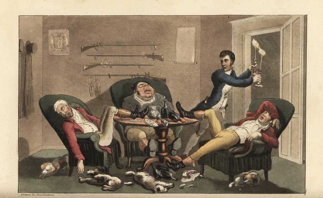 Johnny at a sporting finale: Johnny with candlesticks leaves three drunken hunters asleep in a dining room with empty wine bottles and sleeping hounds. Handcoloured copperplate engraving from William Combe