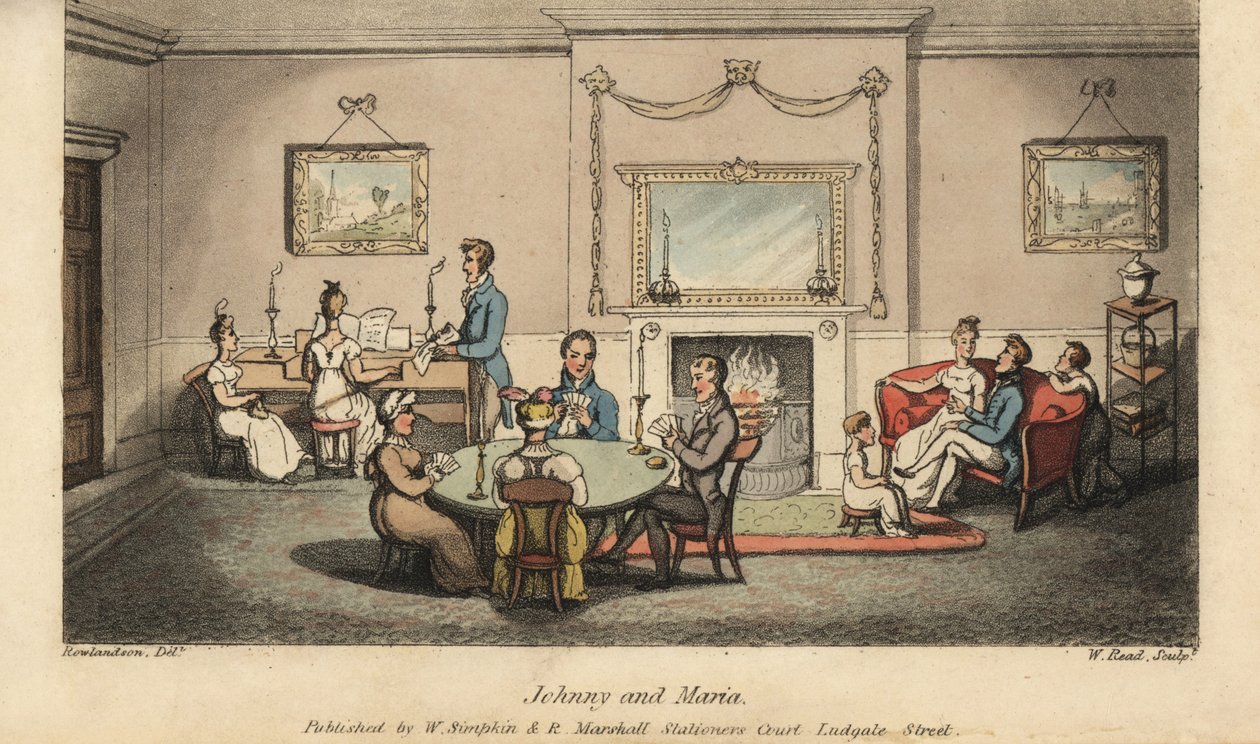 Johnny Courting Maria in a Parlor while Others Play Cards and Sing Songs in Front of the Hearth by Thomas Rowlandson