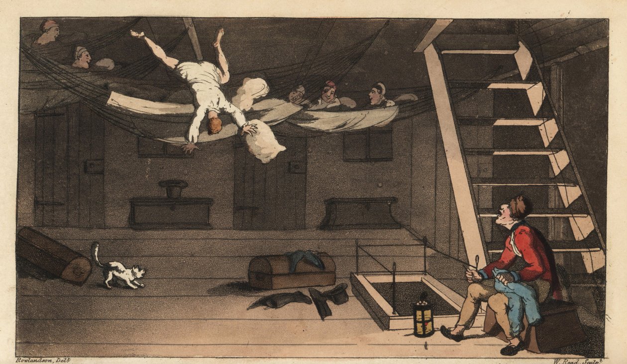 Johnny Falls out of his Hammock in his Cabin. Handcoloured Copperplate Engraving by W. Read after an Illustration by Thomas Rowlandson from Alfred Burton