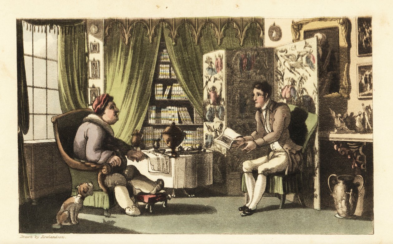 Johnny Reading to Sir Jeffery Gourmand in His Study by Thomas Rowlandson