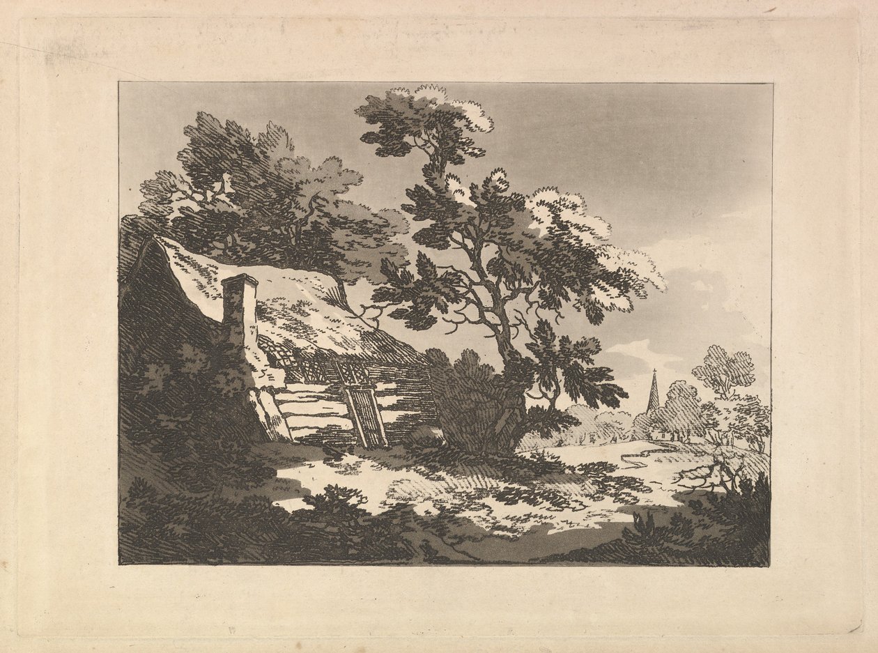 Landscape with Cottage Among Trees at Left, and a Distant Church Spire at Right by Thomas Rowlandson
