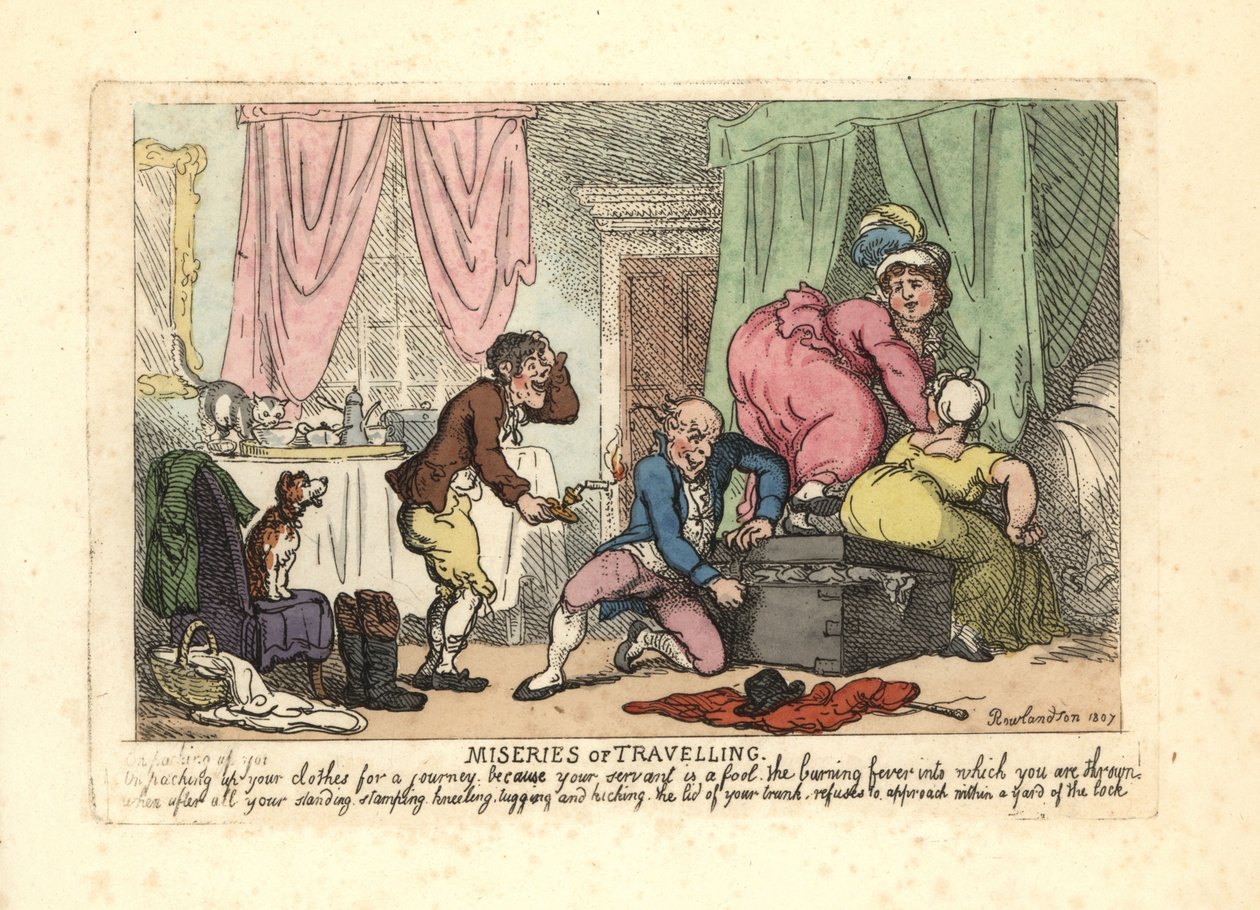 Man and two women failing to close a packed trunk by Thomas Rowlandson