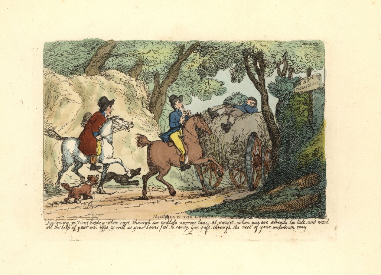Man on horseback behind a slow-moving cart on a narrow lane by Thomas Rowlandson