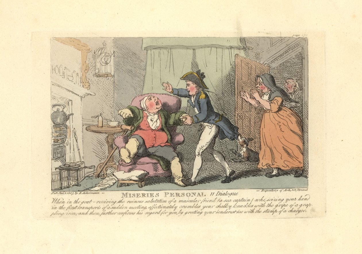 Man suffering from gout greeted painfully by a sailor by Thomas Rowlandson