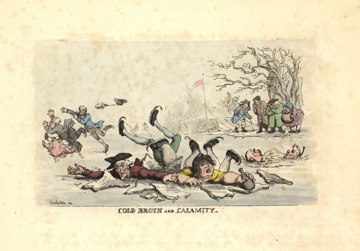 Men and Women Skating on Thin Ice and Falling into a Freezing River by Thomas Rowlandson