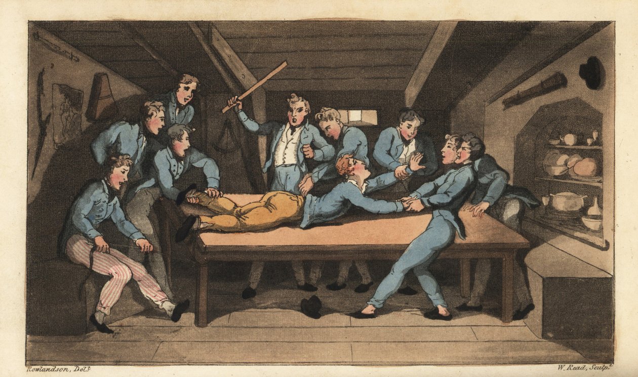 Naval punishment of cobbing (thrashing) for ruining a meal. Johnny is beaten with a stick over the mess table for adding salt to the pudding. Handcoloured copperplate engraving by W. Read after an illustration by Thomas Rowlandson from Alfred Burton