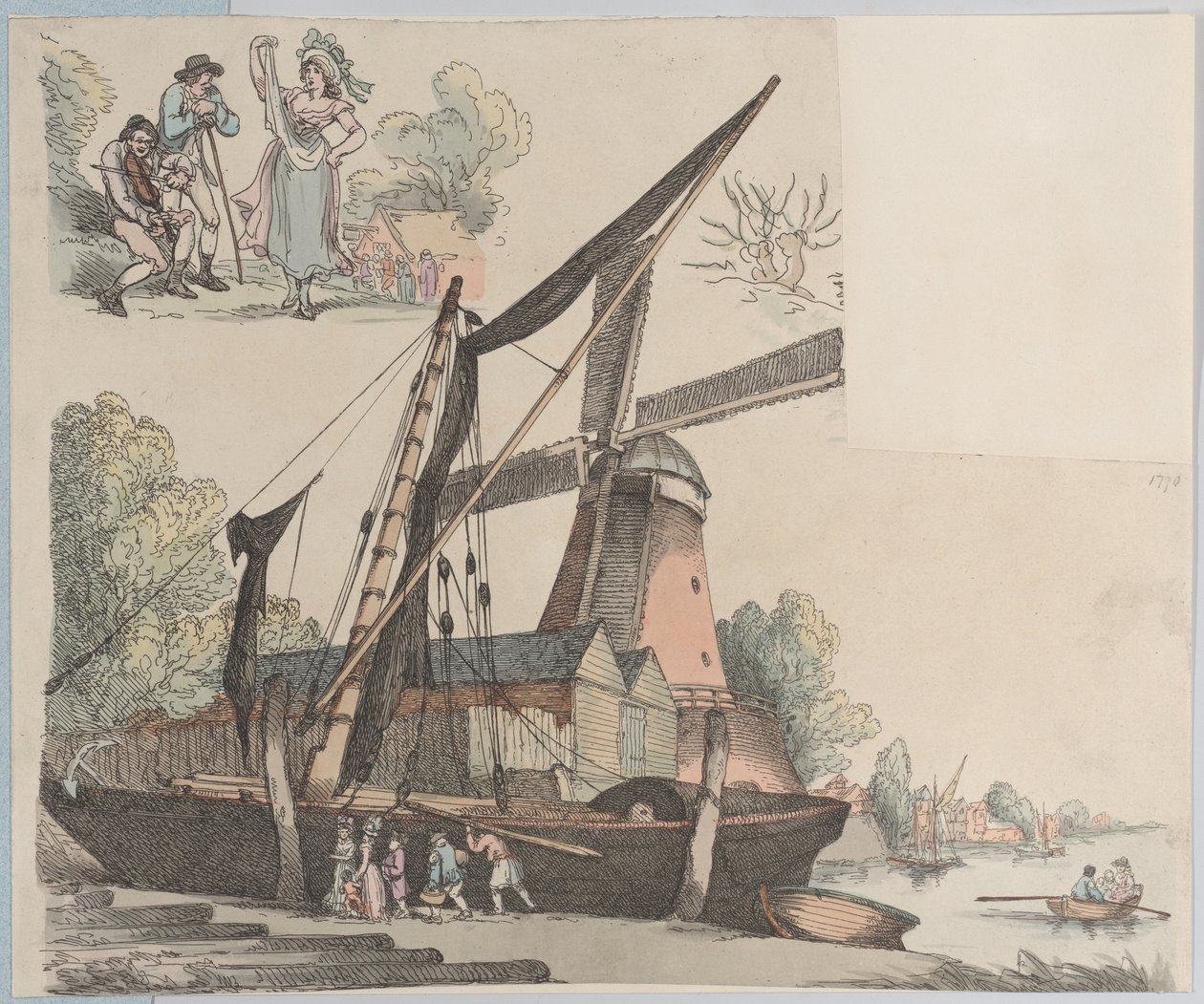 River Scene with Windmill from Plate 9, Outlines of Figures, Landscapes and C..., January 20, 1791 by Thomas Rowlandson