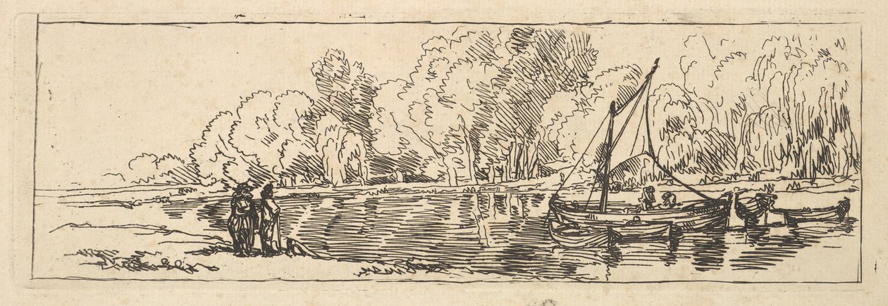 River or Pond Scene: a Sailboat and Dinghy with Figures on the Near Bank by Thomas Rowlandson