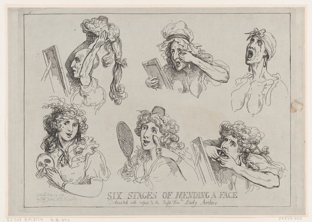 Six Stages of Mending a Face, Dedicated with respect to the Right Hon-ble. Lady Ar by Thomas Rowlandson