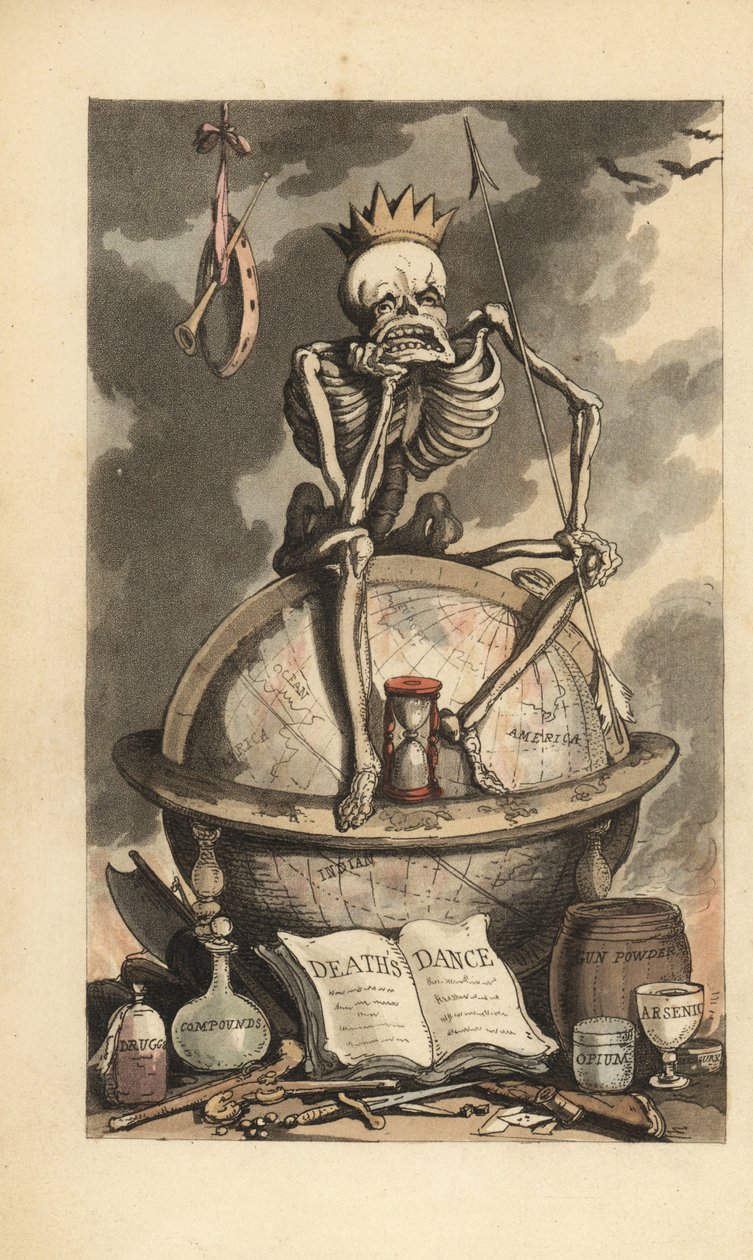 Skeleton with Crown, Spear and Hourglass Seated on a Globe Above Various Lethal Weapons. Handcoloured Copperplate by Thomas Rowlandson from 