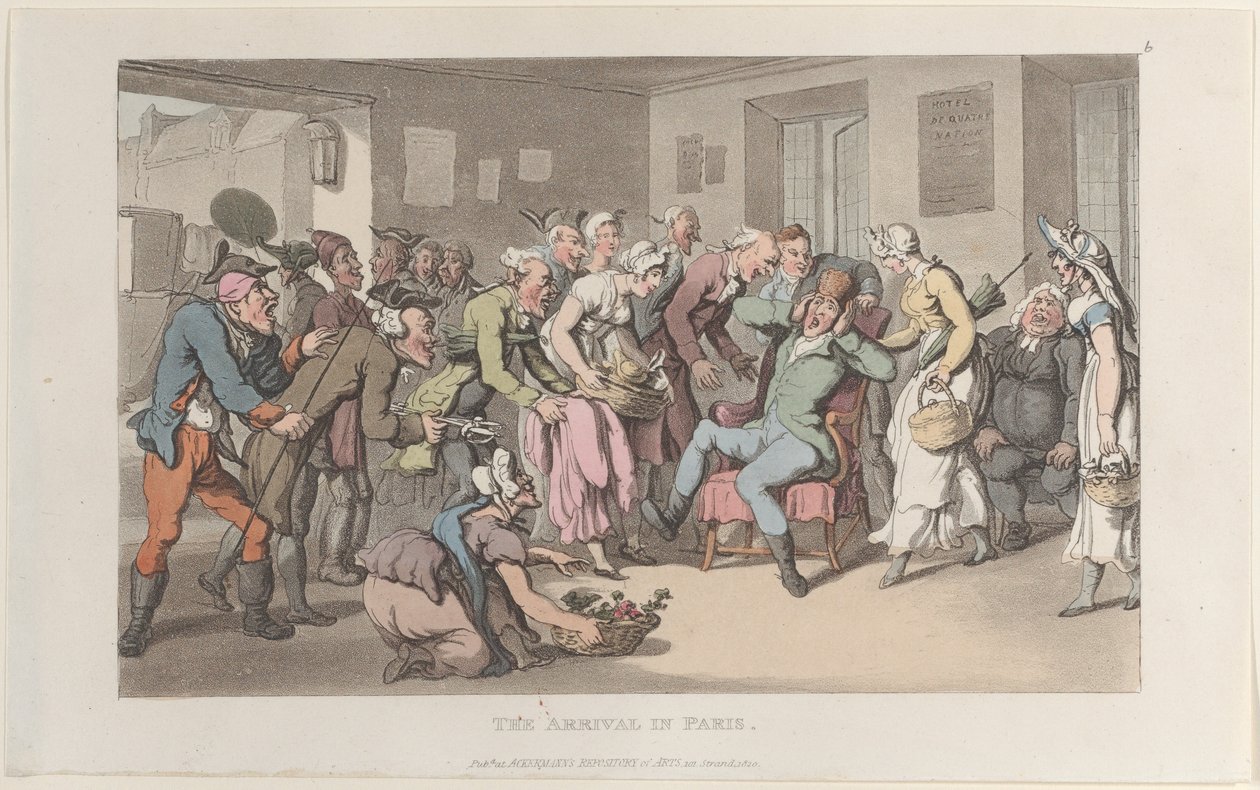 The Arrival in Paris, from Journal of Sentimental Travels in the Southern Provinces of France, 1820 by Thomas Rowlandson