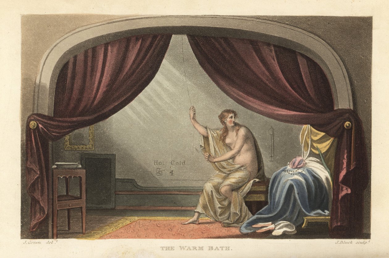 The Warm Bath: naked woman taking a bath behind curtains in a Regency room by Thomas Rowlandson