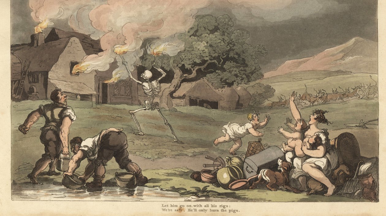 The Skeleton of Death Burns Down a House with Torches as a Family Tries to Save Its Treasures and Put Out the Fire with Buckets of Water from the Pond (Handcoloured Copperplate by Thomas Rowlandson) by Thomas Rowlandson
