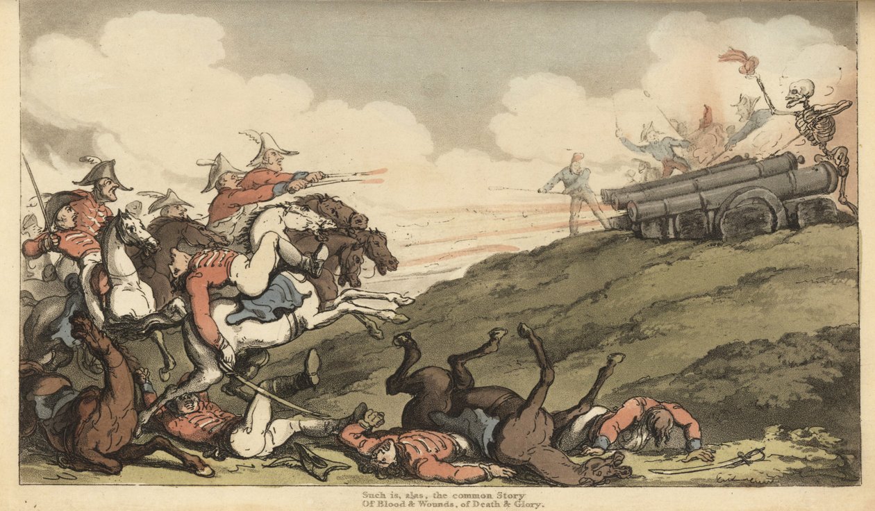 The skeleton of Death launches a barrage of cannon fire at an English cavalry charge by Thomas Rowlandson