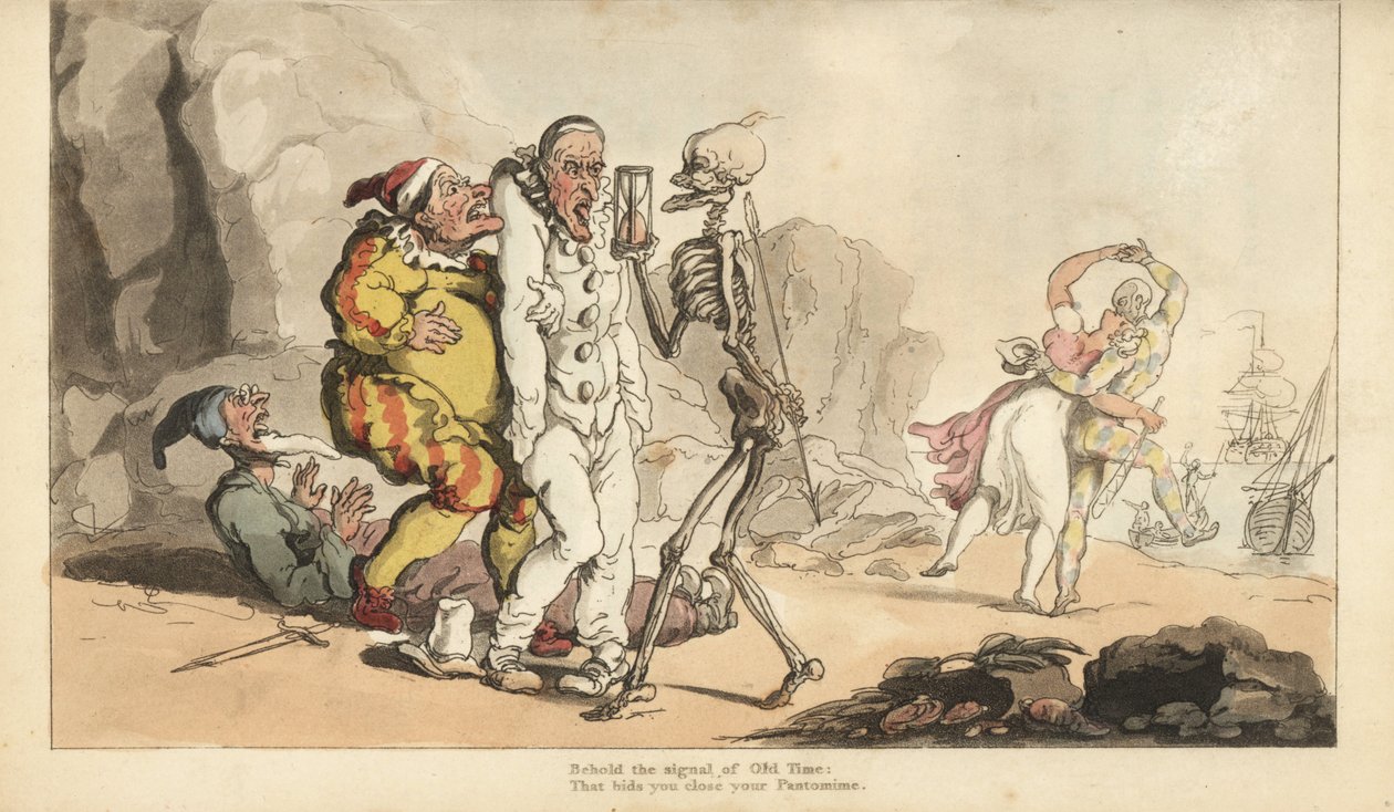 The Skeleton of Death with Hourglass and Dart Comes for a Pierrot and Other Clowns, While a Harlequin Dances with a Woman on a Beach (Handcoloured Copperplate by Thomas Rowlandson) by Thomas Rowlandson