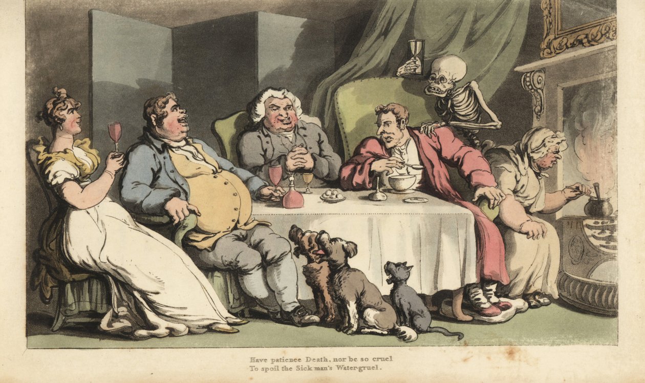The Skeleton of Death with Hourglass Comes for the Sick Man as He Eats Gruel at the Dining Table with His Drinking Buddies in Front of the Fireplace by Thomas Rowlandson
