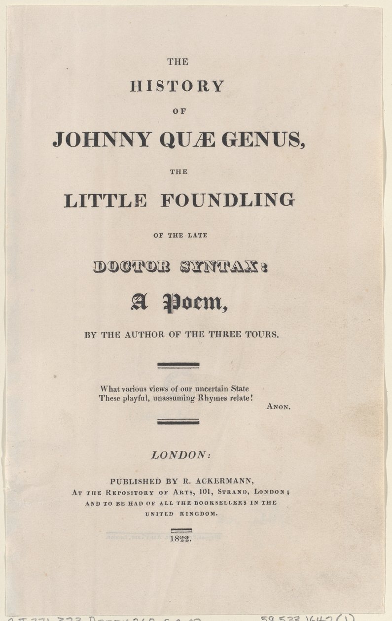 Title Page, from The History of Johnny Quae Genus, The Little Foundling of the Late Doctor by Thomas Rowlandson
