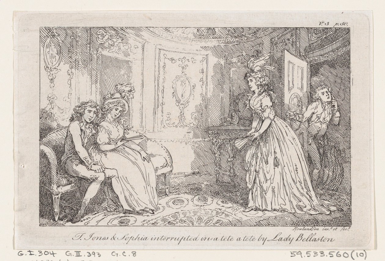 Tom Jones & Sophia interrupted in a tete a tete by Lady Bellaston, from The History of Tom Jones by Thomas Rowlandson