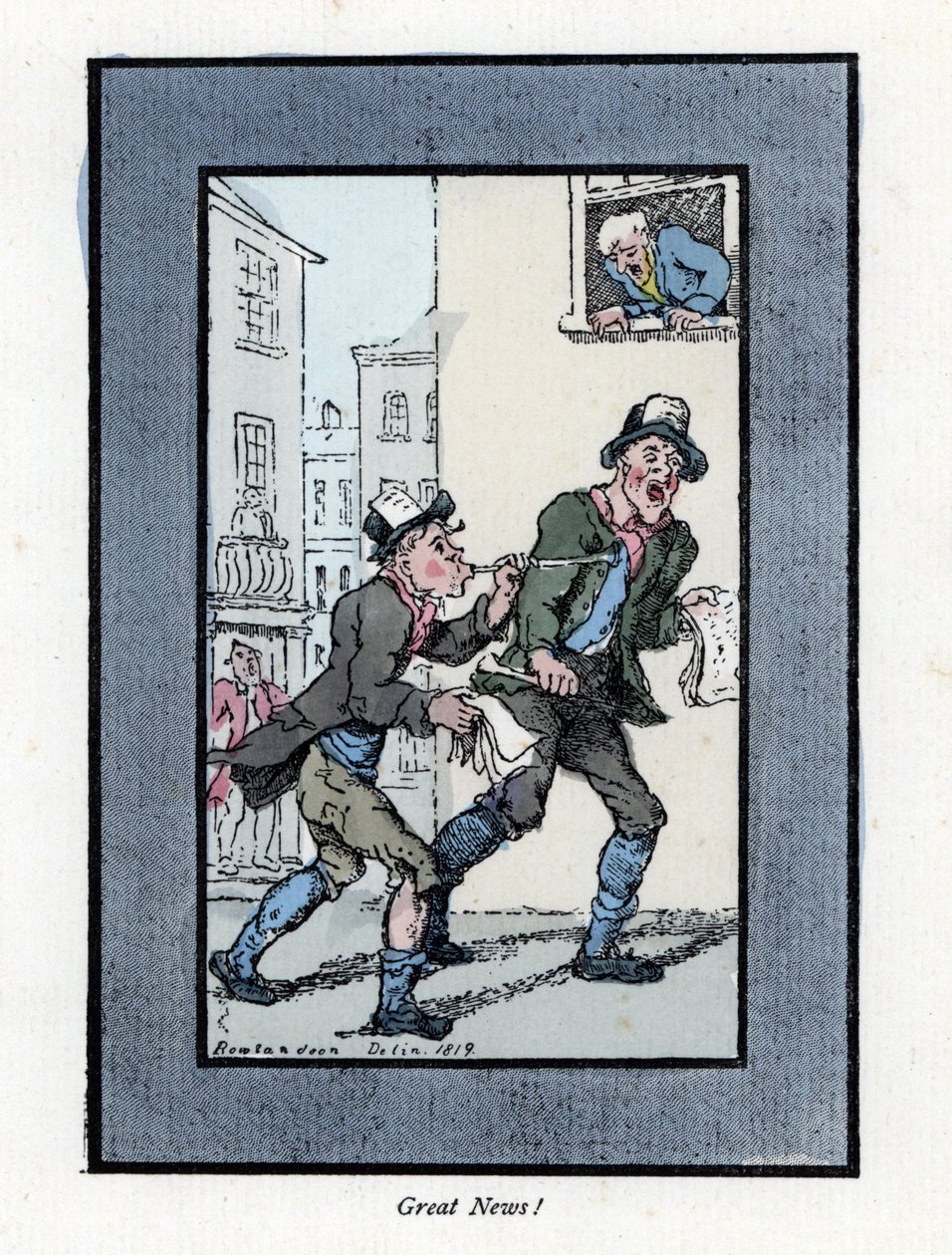 Two newspaper vendors with long whistles peddling newspapers in a London street. Wood engraving, based on a painting by Thomas Rowlandson by Thomas Rowlandson