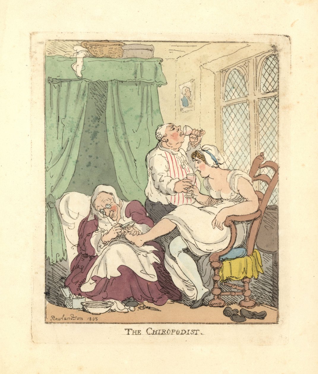 Woman having her feet treated painfully by a chiropodist by Thomas Rowlandson