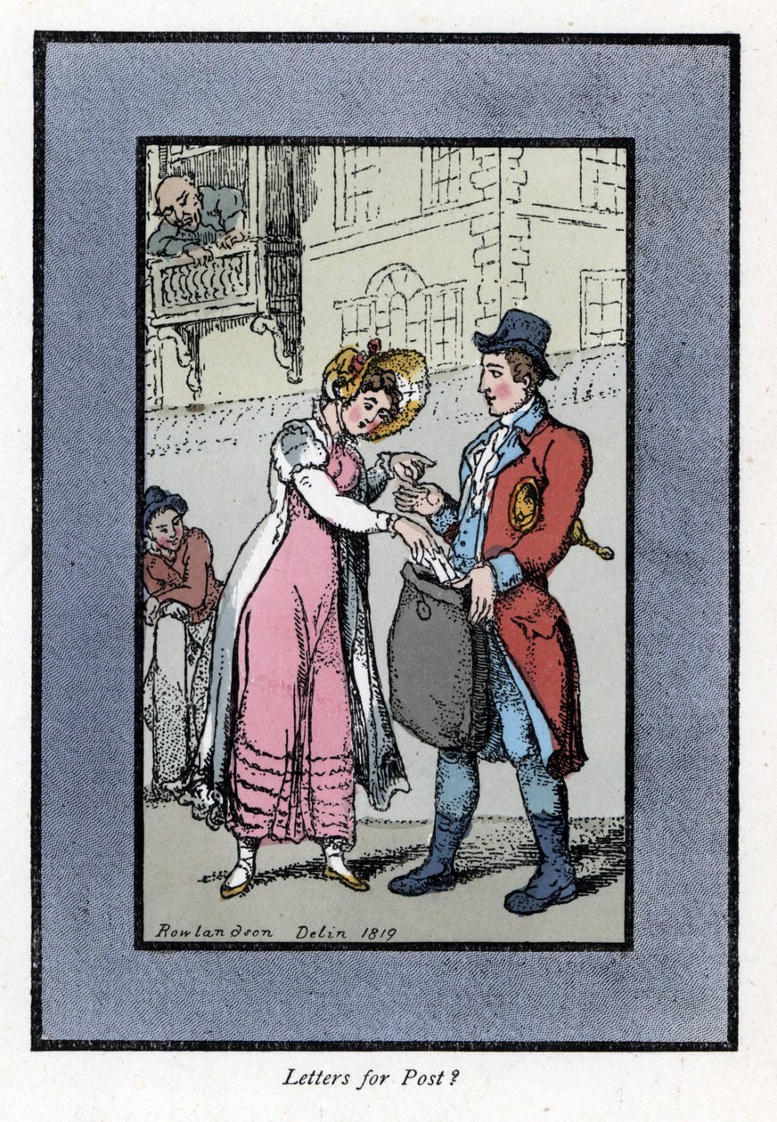 Woman paying and putting a letter in a bag carried by a British Royal Post Office employee. Wood engraving, based on a painting by Thomas Rowlandson (1756-1827) by Thomas Rowlandson