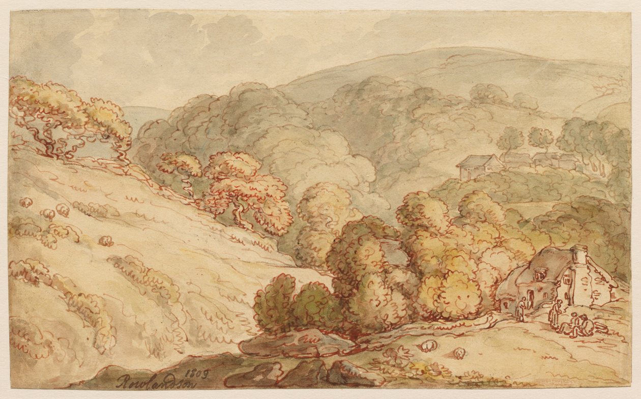 Wooded Hilly Landscape with Cottage and Figures by Thomas Rowlandson