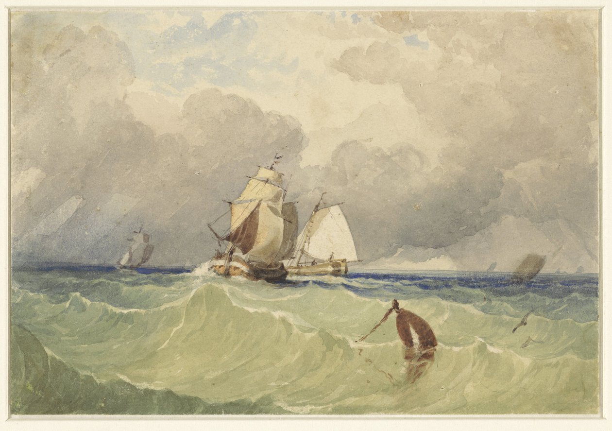 Three-Masters and Tjalk Sailing in the Open Sea by Thomas Sewell Robins