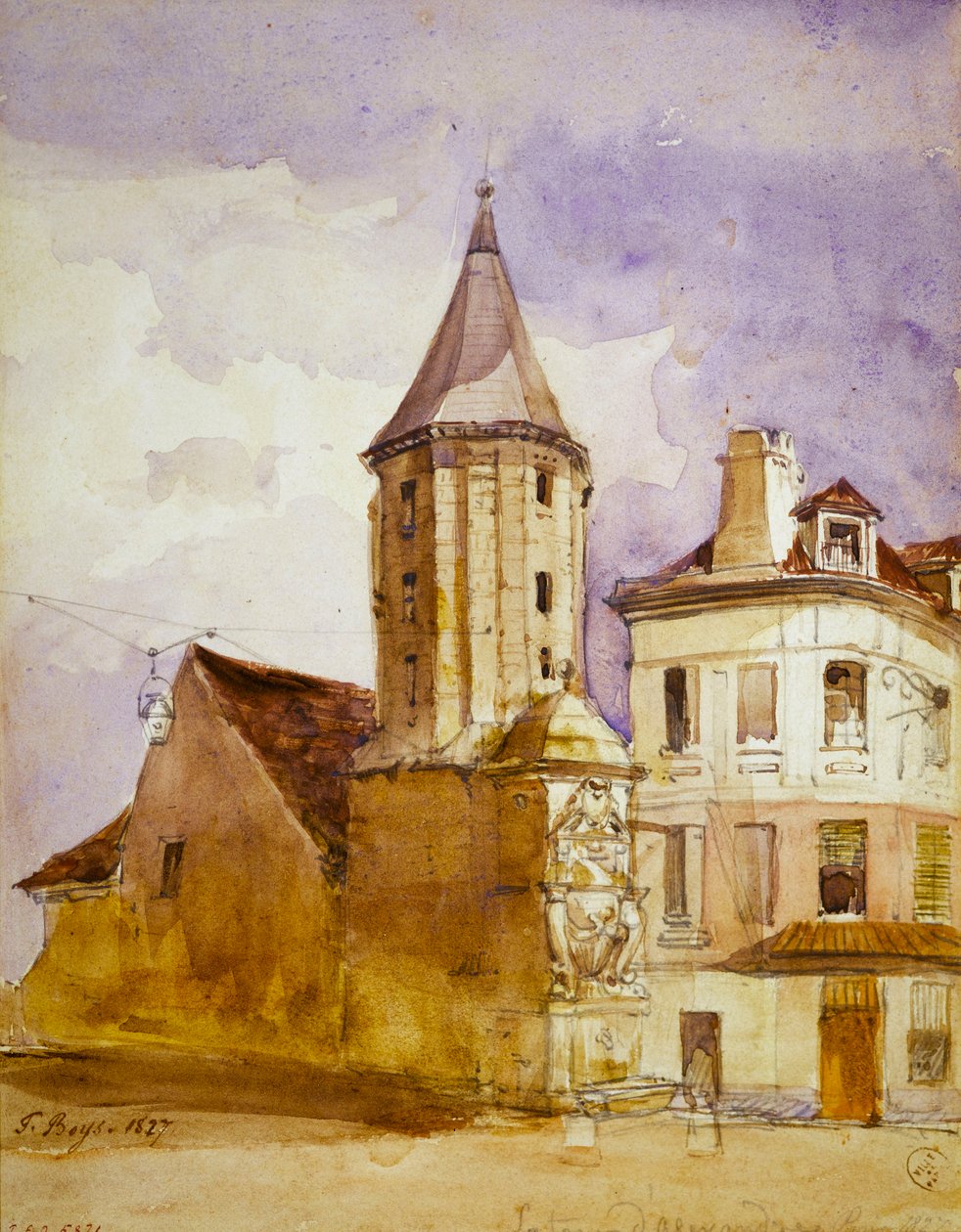 The Alexandre Tower in 1827, and the Saint-Victor Fountain by Thomas Shotter Boys