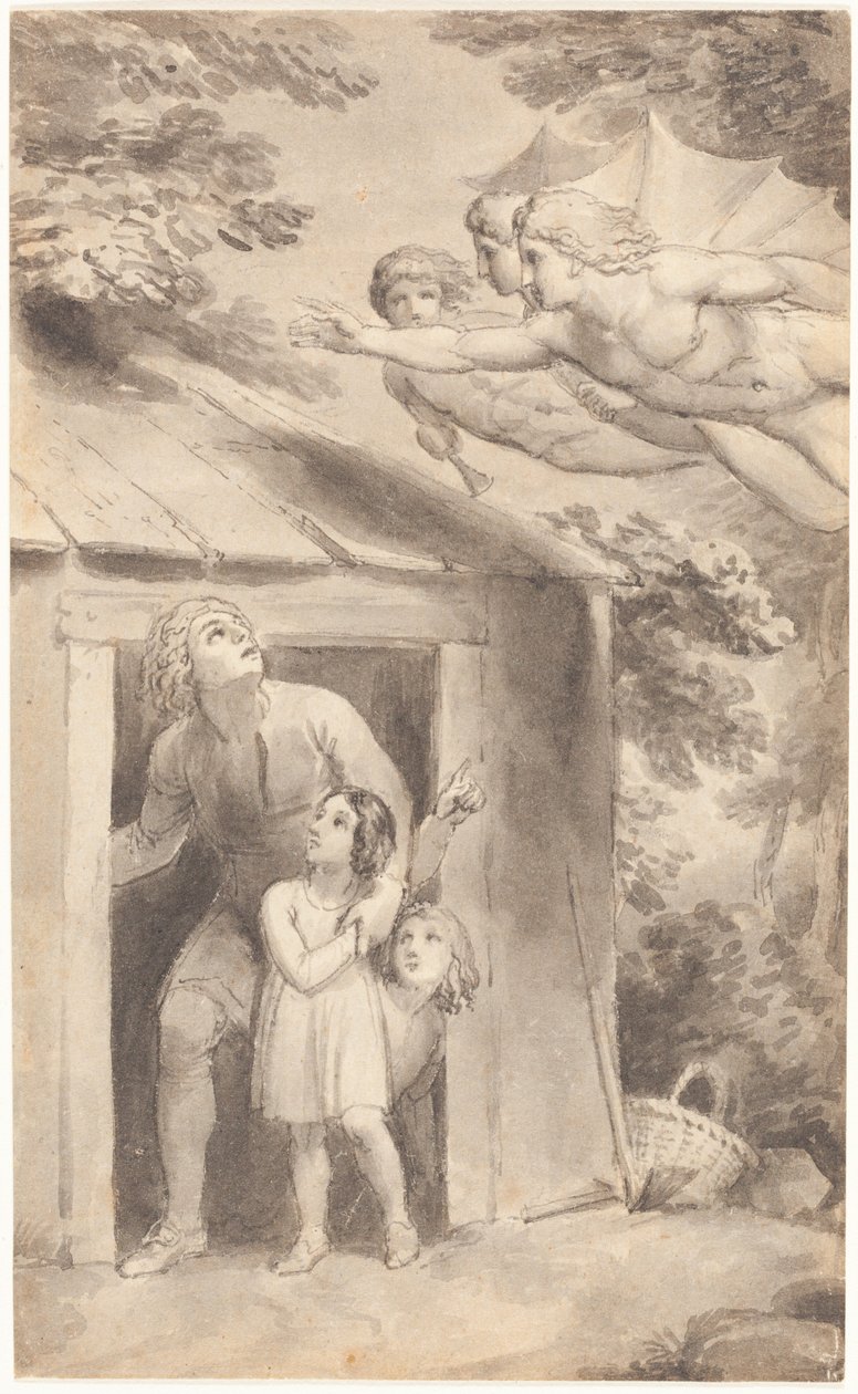 Peter and His Children Visited by Three Flying Figures by Thomas Stothard