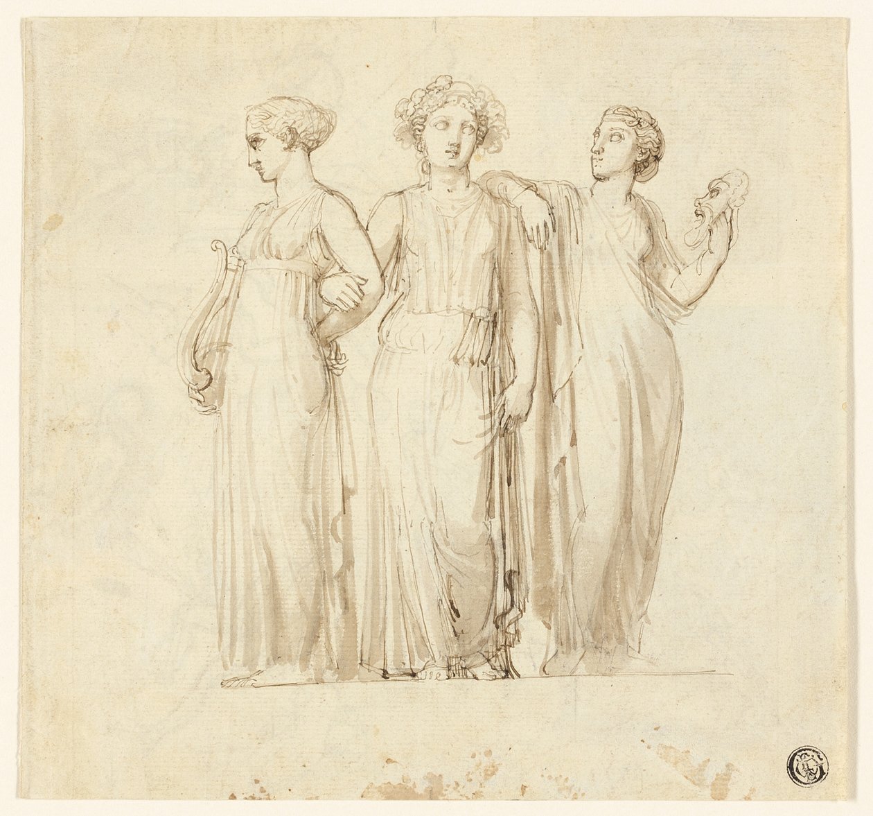 Three Muses (recto); Study of Knight and Monk for an Illustration in a Gothic Novel (verso) by Thomas Stothard