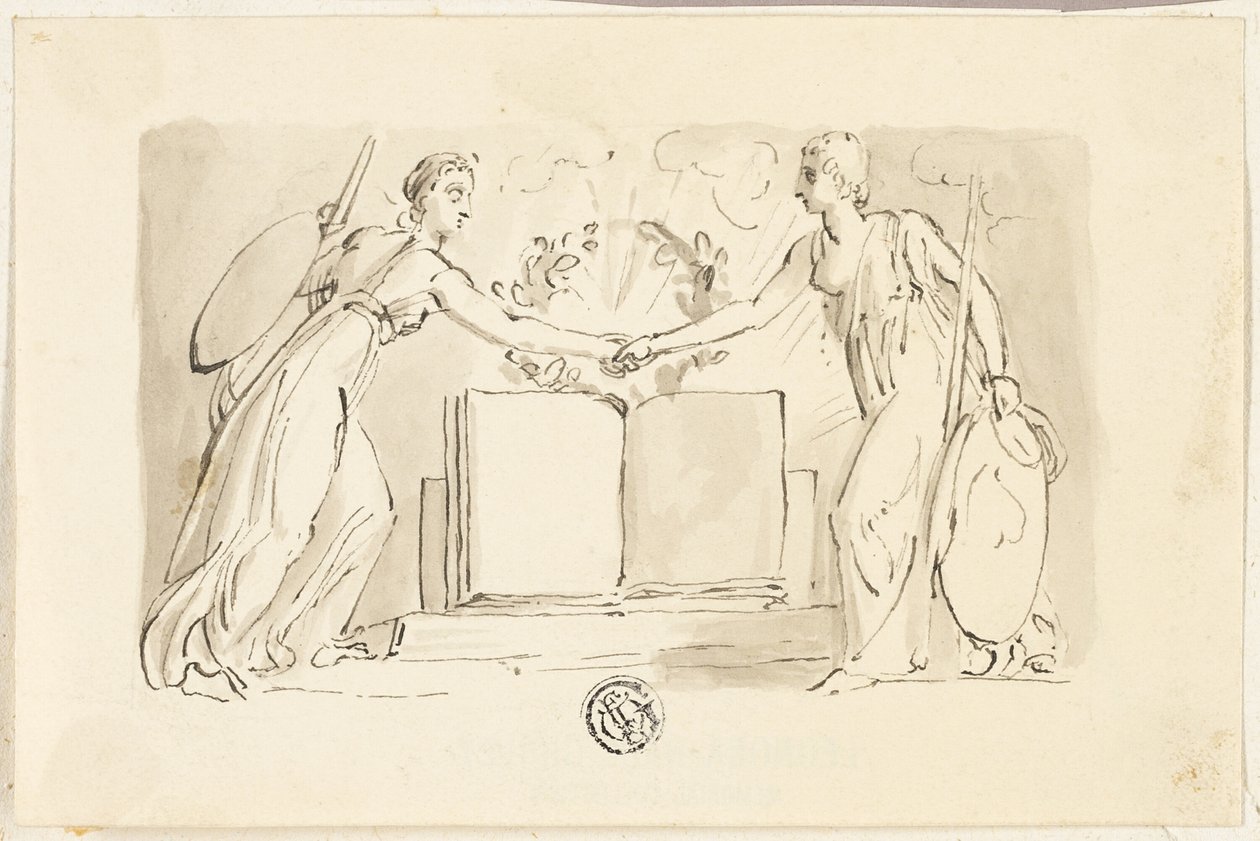 Two Allegorical Female Figures Clasping Hands before Book by Thomas Stothard