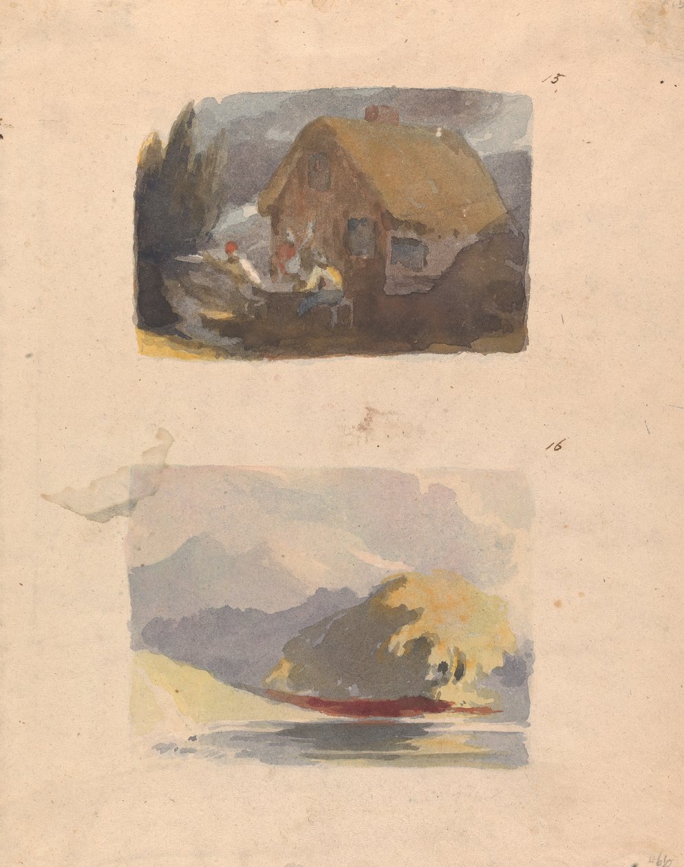 Two Drawings on One Sheet: Cottage with Figures in Front (no. 15); Landscape with River and Mountains - Sunshine (no. 16) by Thomas Sully