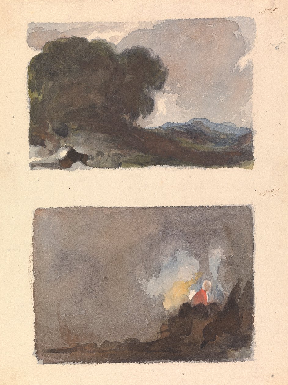 Two Drawings on One Sheet: Landscape with Tree in Foreground and Mountains in Distance - Hobbema and Ruysdael