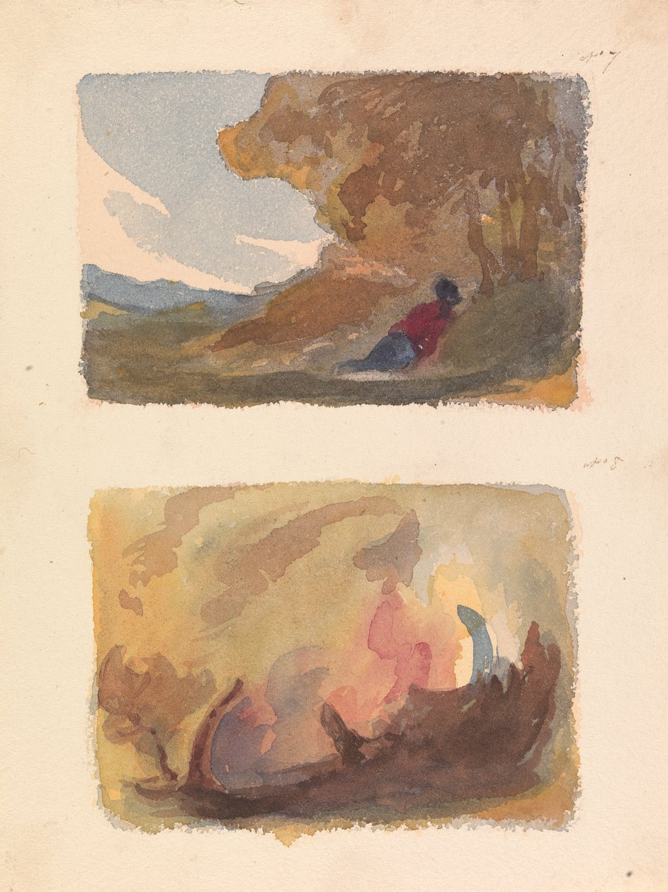 Two Drawings on One Sheet: Landscape with Figure Reclining Against Hill; Landscape - Variety of Watercolor Washes by Thomas Sully