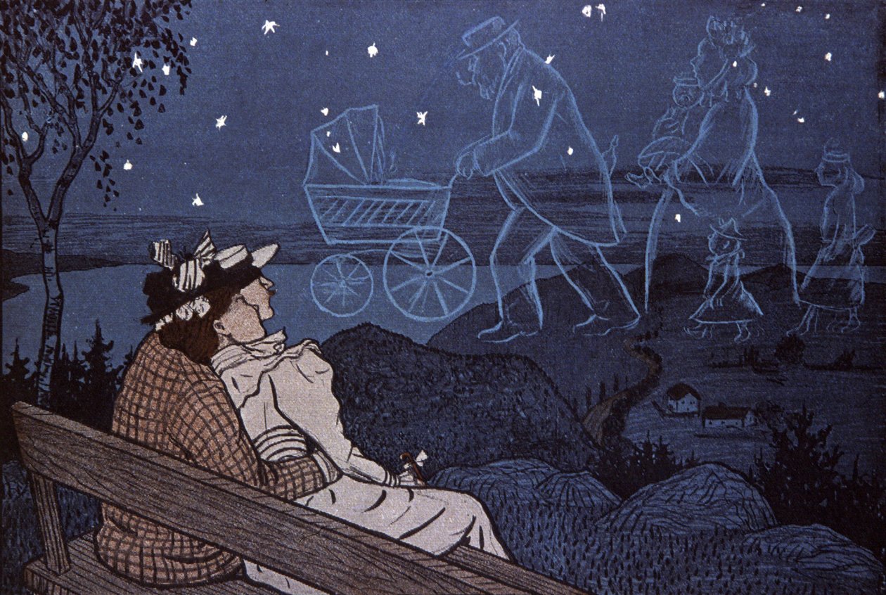 Couple out in the open, looking at their future in the stars: childs, family by Thomas Theodor Heine
