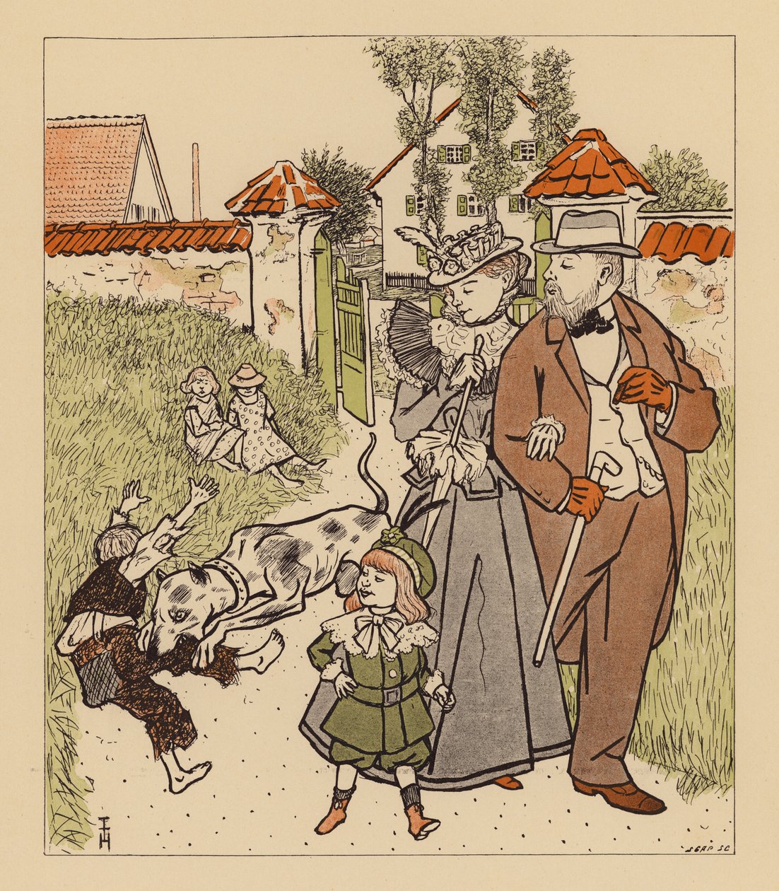 Family Out for a Walk Watching Their Dog Biting a Dirty Urchin on the Leg by Thomas Theodor Heine