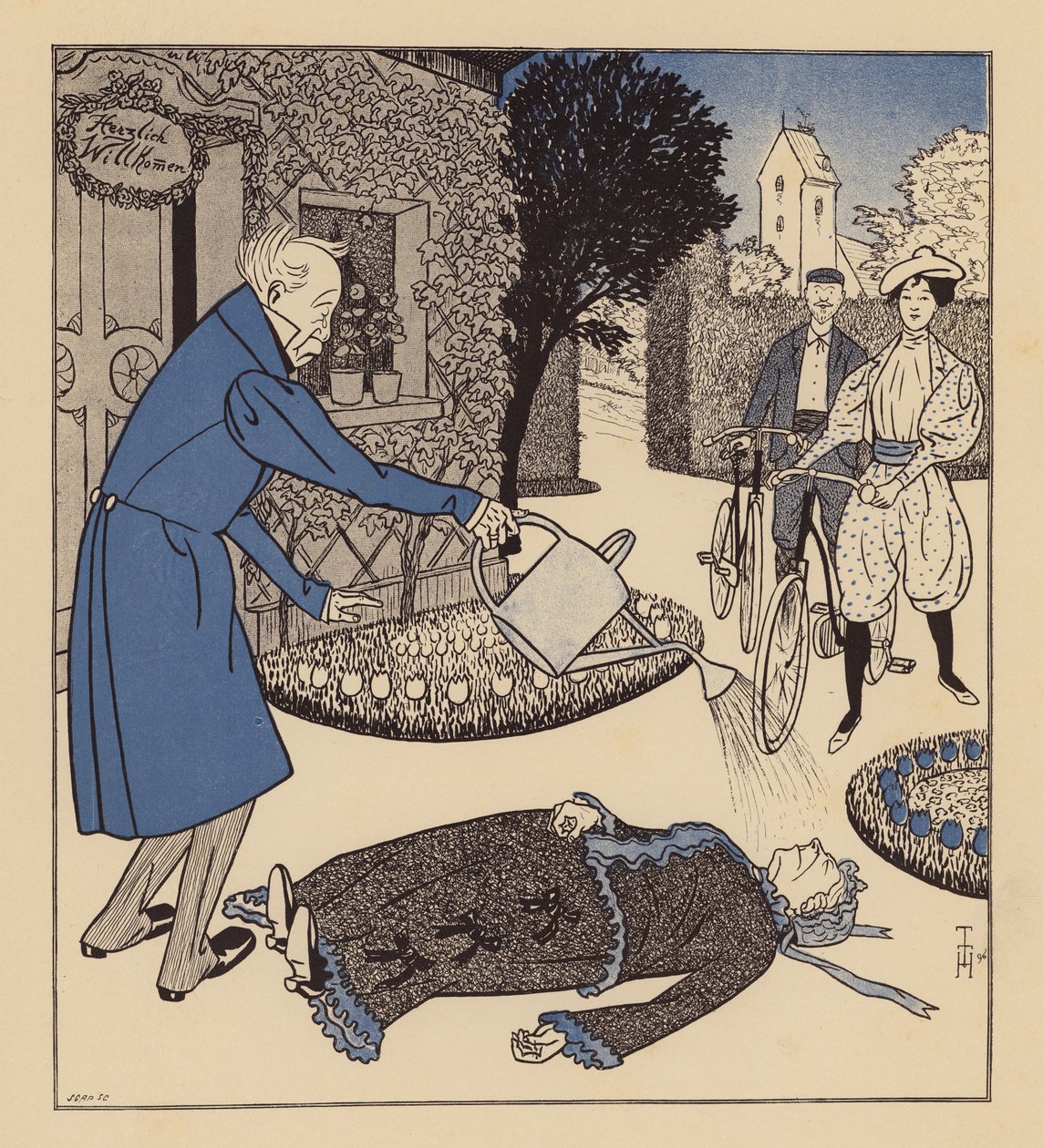 Man attempting to revive his wife after she fainted by Thomas Theodor Heine