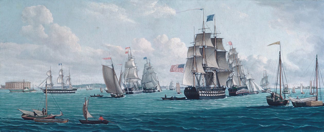 The U. S. Ship Franklin, with a View of the Bay of New York, 1820s or 1830s by Thomas Thompson