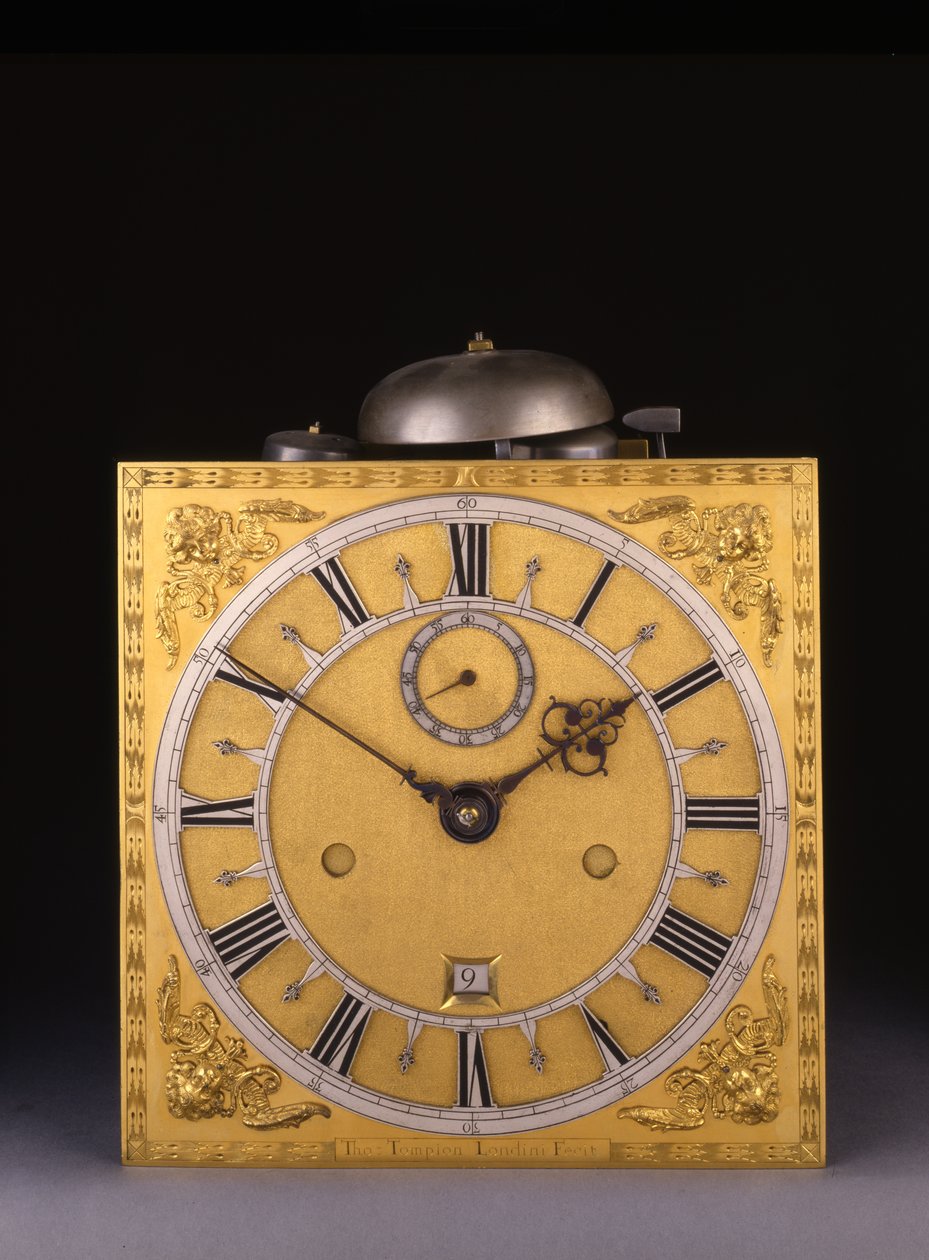 (detail) of a Charles II Roman striking month-going longcase clock, 1675 by Thomas Tompion