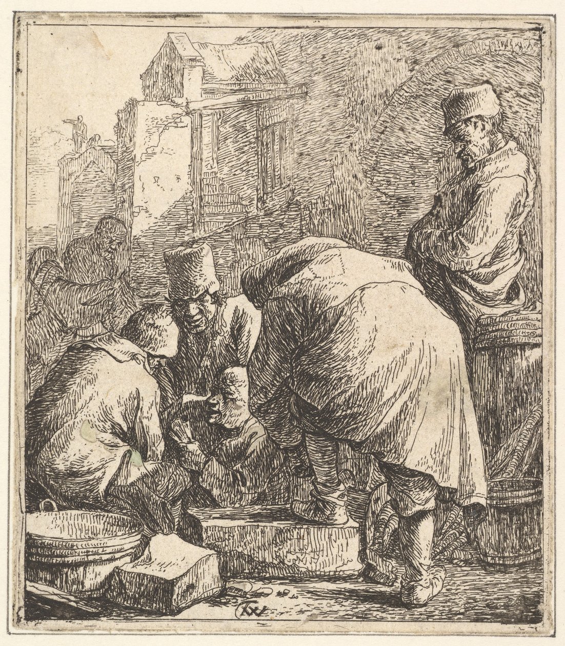 Man Adjusting His Footwear, Three Men Playing Cards by Thomas Wijck