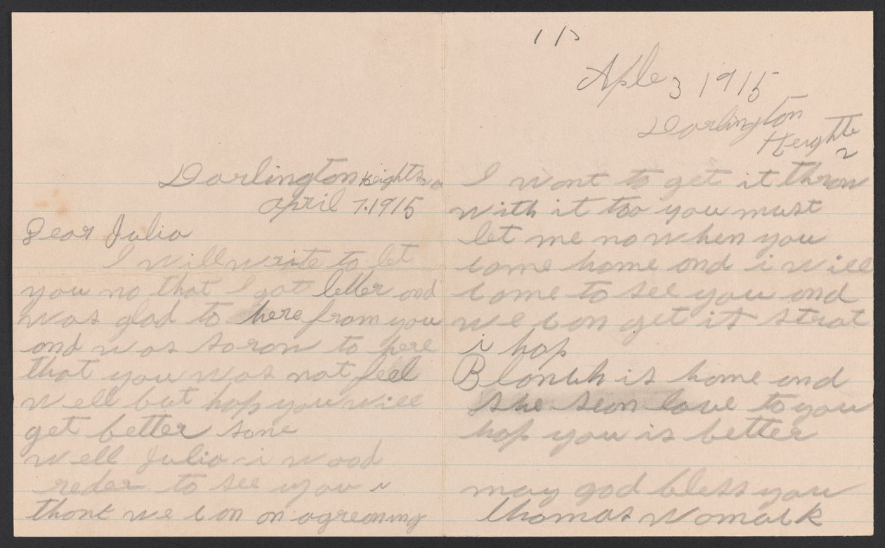 Letter from Thomas Womack to Julia Womack with Envelope by Thomas Womack
