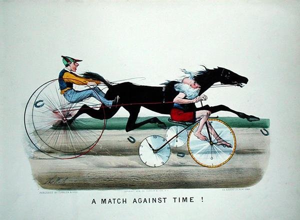 A Match Against Time, race between a horse and father Time on a bicycle by Thomas Worth