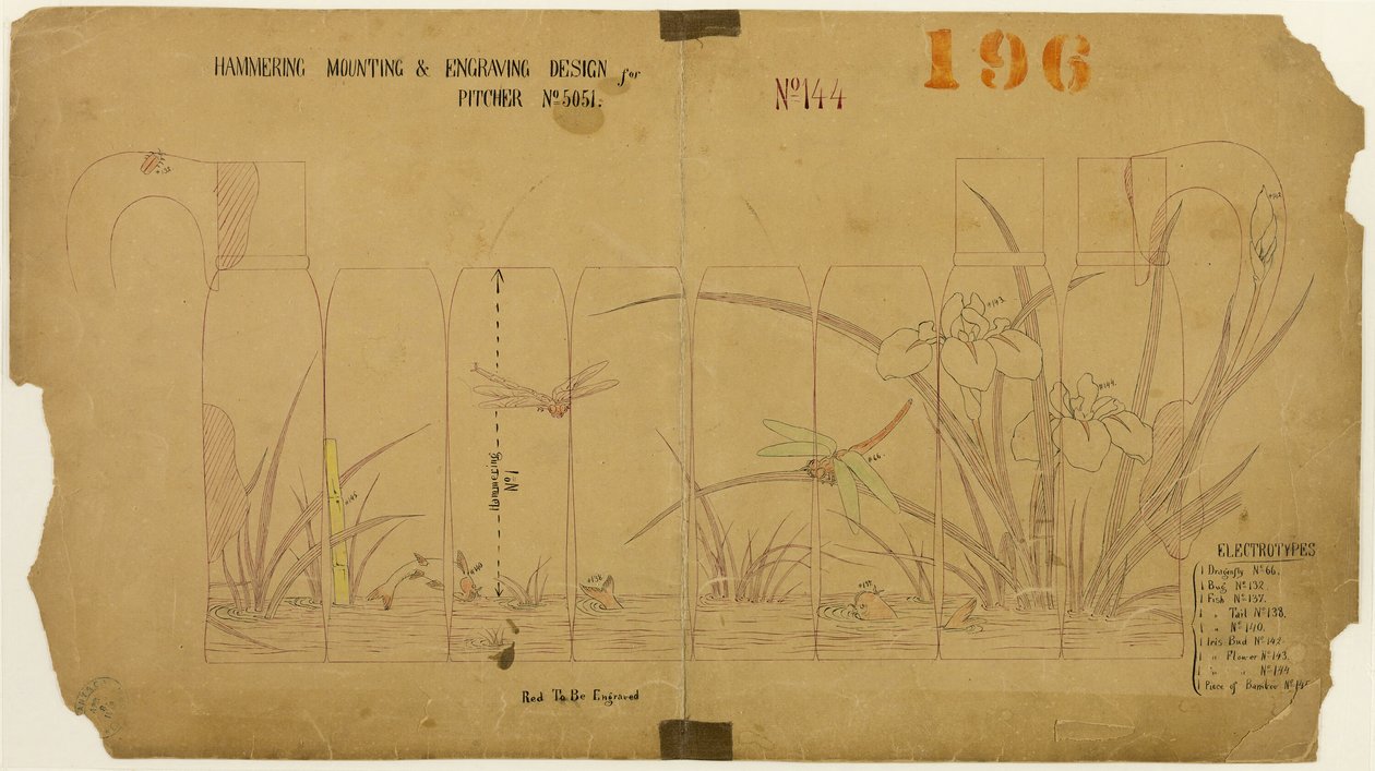 Hammering, Mounting and Engraving Design for Pitcher No. 5051 by Tiffany and Company
