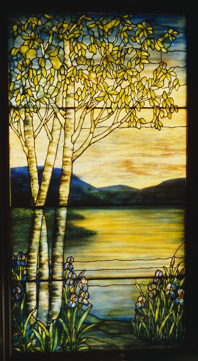 Landscape window of a distant view across water with birch trees and irises in the foreground by Tiffany and Company