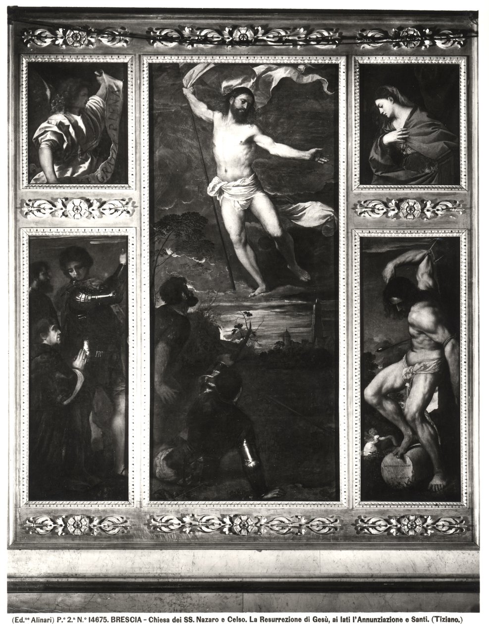 Averoldi Polyptych depicting the Resurrection of Christ, the Annunciation, SS Nazarius and Celsus with Averoldi and the Martyrdom of Sebastian, 1522 by Tiziano Vecelli