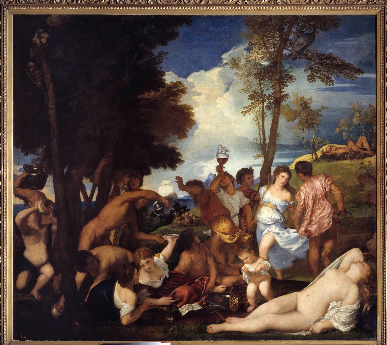 Arrival of Bacchus on Andros Island. Image depicting Fete of satires and bacchantes in honor of the divinity Bacchus. Painting by Tiziano Vecellio called the Titian by Tiziano Vecelli